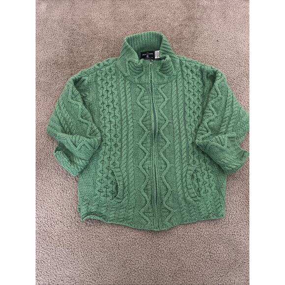 THE IRISH STORE Sweater Knit Full Zip Womans Large 100% Merino Wool Green